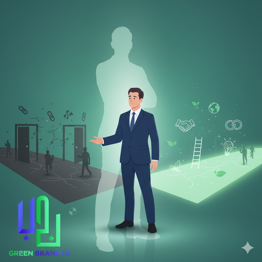 To show importance of personal brand a person standing at a crossroads: one path glowing brightly with icons of success, trust, and opportunities, the other path dark and fading with missed connections, broken links, and closed doors.