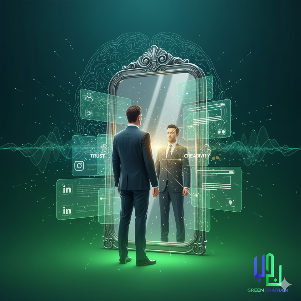 Professional man standing in front of a giant real mirror (representing LinkedIn, Instagram, and websites). Each screen radiates a different aura—trust, professionalism, creativity—showing how First Impression is shaped instantly