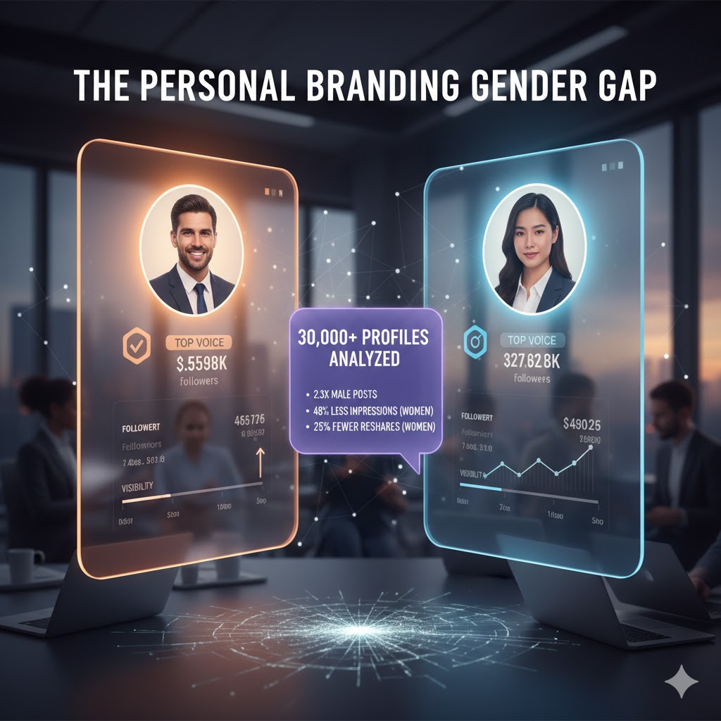 Image titled 'The Personal Branding Gender Gap' showing a side-by-side comparison of a man's and a woman's professional social media profiles, with data points highlighting gender disparities in online visibility.