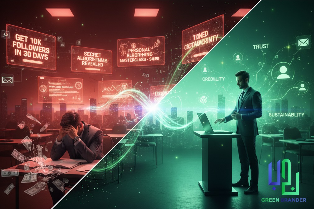 Exposing the dark side of the personal branding course industry. A frustrated professional is sitting at a desk surrounded by piles of broken certificates and fading dollar bills, symbolizing wasted money