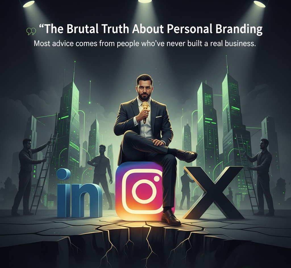 confident ‘personal branding guru’ sitting on a stage made of social media logos (LinkedIn, Instagram, Twitter/X). Behind him, the stage is cracking apart, revealing an empty hollow space, symbolizing fake expertise.